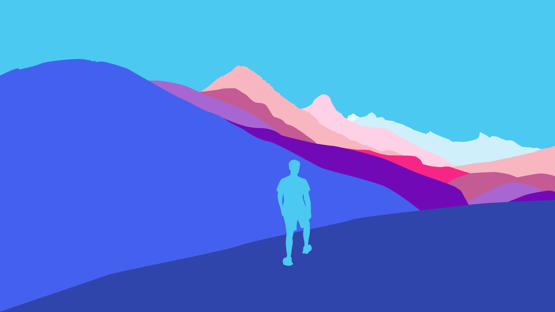 Background photo of a silhouette version of a mountainscape with a man standing on it.